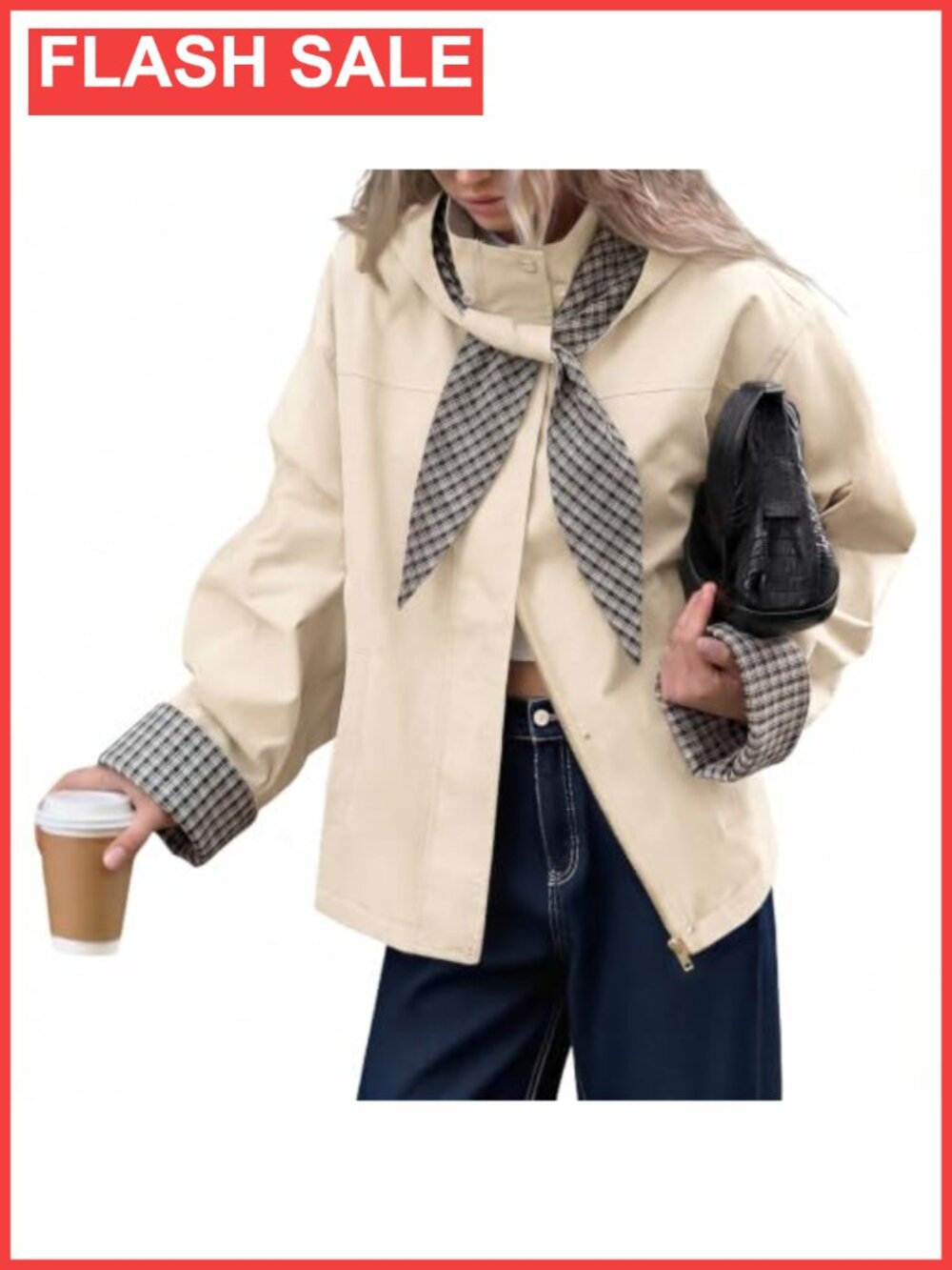 Essentials Women's Cropped Trench Coat with Plaid Detachable Hood